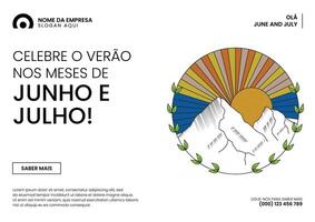 Olá Junho Julho bandeira com pôr do sol e montanhas vetor ilustração