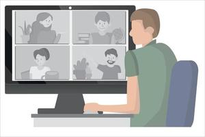 aterrissagem de videoconferência. pessoas na tela do computador levando com o colega. página de vetor de espaço de trabalho de videoconferência e reunião on-line. conceito de e-learning e ficar em casa.