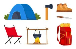 acampamento e caminhada equipamento definir. grande coleção do elementos ou ícones para Esportes, aventuras dentro natureza, lazer e turismo conceito Projeto. vetor ilustração.