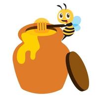 Desenho de arte plana abelha fofa use concha de mel para tirar mel do pote de mel vetor