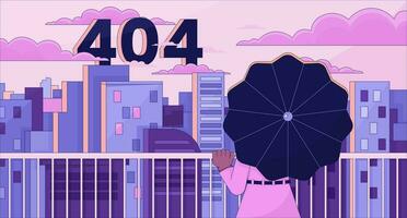 olhando em cidade a partir de terraço erro 404 instantâneo mensagem. mulher debaixo guarda-chuva. local na rede Internet aterrissagem página ui Projeto. não encontrado imagem, sonhadores vibrações. vetor plano ilustração conceito com anos 90 retro fundo