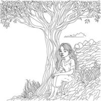beleza menina com árvore coloração página vetor