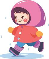 mão desenhado uma criança dentro uma capa de chuva mostrando uma alegre expressão este isto é chovendo dentro plano estilo vetor