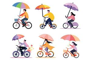 mão desenhado homem equitação uma bicicleta e segurando a guarda-chuva dentro plano estilo vetor