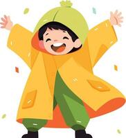 mão desenhado uma criança dentro uma capa de chuva mostrando uma alegre expressão este isto é chovendo dentro plano estilo vetor