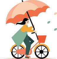 mão desenhado lindo mulher equitação uma bicicleta e segurando a guarda-chuva dentro plano estilo vetor