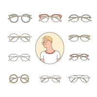 homem de óculos com diferentes tipos de óculos. vetor