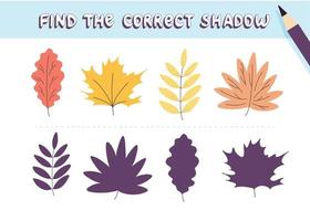 encontre a sombra correta. lindas folhas de outono. jogo educativo para crianças. coleção de jogos infantis. ilustração vetorial no estilo cartoon vetor