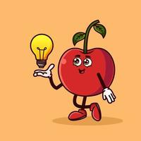 personagem de fruta cereja bonito com ideia de lâmpada por lado. conceito de ícone de personagem de fruta isolado. adesivo de emoji. vetor de estilo cartoon plana