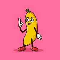 personagem de banana fofo com cara feliz e gesto apontando para cima. conceito de ícone de personagem de fruta isolado. adesivo de emoji. vetor de estilo cartoon plana