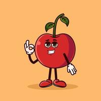 personagem de fruta cereja bonito com emoji legal e mostrar gesto ok. conceito de ícone de personagem de fruta isolado. adesivo de emoji. vetor de estilo cartoon plana