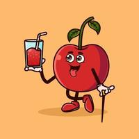 personagem de fruta cereja bonito com suco de cereja por lado. conceito de ícone de personagem de fruta isolado. vetor premium de estilo cartoon plana