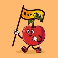 personagem de fruta cereja bonito carregando uma bandeira que diz compre-me. conceito de ícone de personagem de fruta isolado. adesivo de emoji. vetor de estilo cartoon plana