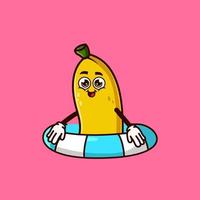 personagem de fruta banana bonito com flutuador de anel de natação conceito de ícone de verão de frutas isolado. vetor premium de estilo cartoon plana