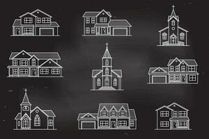 conjunto de casas americanas suburbanas de ícone de linha fina de vetor. vetor