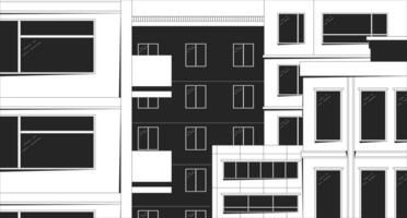 noite dentro velho Cidade Preto e branco calafrio lo fi fundo. residencial edifícios esboço 2d vetor desenho animado paisagem urbana ilustração, monocromático lofi papel de parede Área de Trabalho. bw anos 90 retro arte