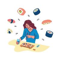desenho animado cor personagem mulher comendo Sushi conceito. vetor