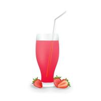 ilustração realista de suco de morango em palha de vidro bebida orgânica saudável vetor