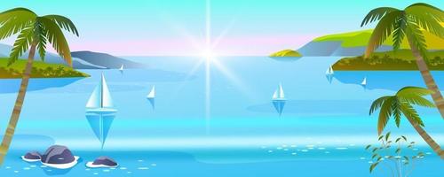 vector vista do mar, banner de férias de verão de ilha tropical, oceano, ilha, palmeiras, barcos, folheto de turismo