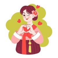 feliz lindo mulher dentro hanbok faz uma coração com dela mãos e piscadelas. conceptual vetor ilustração do pessoas dentro coreano tradicional roupas.