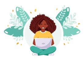 mulher negra trabalhando no laptop. freelance, estudo online, trabalho remoto. vetor