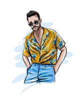 homem bonito elegante com roupas da moda, homem com camisa havaiana, desenho colorido, realista. ilustração vetorial de tintas vetor