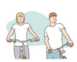 um homem e uma mulher estão andando de bicicleta. mão desenhada estilo ilustrações vetoriais. vetor