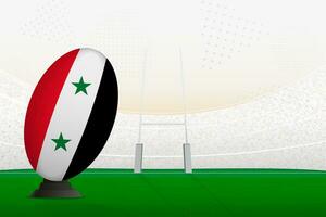 Síria nacional equipe rúgbi bola em rúgbi estádio e objetivo Postagens, preparando para uma multa ou livre chute. vetor