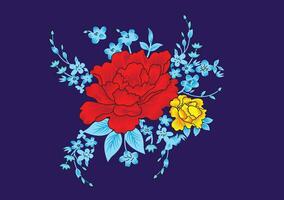 uma vermelho flor com azul e amarelo flores vetor