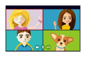 virtual conferência ligar com pessoas e filhote de cachorro. conectados quarentena Conheça do amigos ou colegas. vetor ilustração