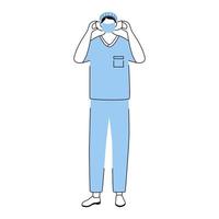 ilustração em vetor plana cirurgião. médico usando máscara médica. médico, personagem de desenho animado do terapeuta. clínico geral de uniforme azul. médico se preparando para operação cirúrgica isolado no branco