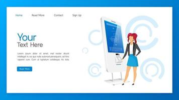 modelo de vetor de página de destino de quiosque de pedido próprio. ideia de interface de site de painel touchscreen de restaurante com ilustrações planas. layout da página inicial do painel interativo inovador. banner web de atendimento ao cliente