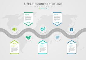 infográfico o negócio Linha do tempo 5 ano estrada cinzento Centro círculo com ícone dentro Centro multicolorido ângulo agudo quadrados a inferior Centro números e cartas ter uma cinzento gradiente fundo mapa. vetor