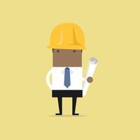 arquiteto africano ou engenheiro em capacete de segurança amarelo com rolos de plantas de projeto de construção, para apresentação ao investidor na indústria da construção. vetor