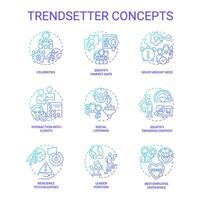 trendsetter azul gradiente conceito ícones definir. social meios de comunicação. Novo abordagem. preditivo análise. marketing estratégia. Inovativa ideia. tendência normatizador idéia fino linha cor ilustrações. isolado símbolos vetor