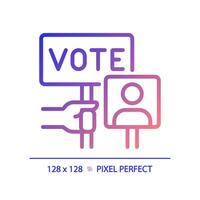 2d pixel perfeito gradiente ícone do mão segurando voto sinal, vetor ilustração representando votação, eleição símbolo.