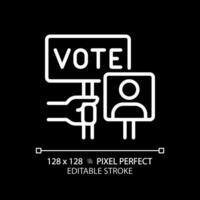 2d pixel perfeito branco linear ícone do mão segurando voto sinal, vetor ilustração representando votação, editável eleição símbolo para Sombrio modo.