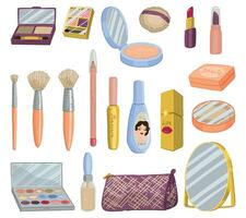 Maquiagem kit clipart. Cosmético rabiscos coleção. desenho animado estilo vetor ilustrações conjunto isolado em branco fundo.