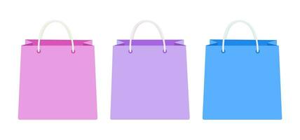 compras bolsas modelo. multicolorido pacotes com Lugar, colocar para texto. rosa, roxo, azul cores. venda conceito. Projeto elementos para promoção panfletos, rede bandeiras. plano vetor ilustração.