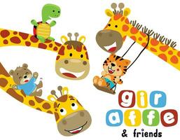 vetor conjunto do engraçado girafa desenho animado com pequeno amigos