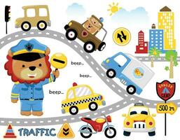 vetor conjunto do cidade tráfego desenho animado com fofa leão dentro polícia uniforme