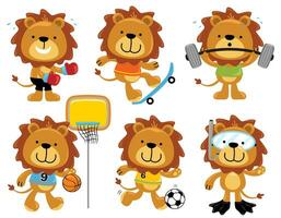 vetor conjunto do engraçado leão desenho animado dentro Esportes atividade