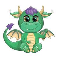 fofa desenho animado verde bebê Dragão com chifres e asas. símbolo do 2024 de acordo com para a chinês calendário vetor