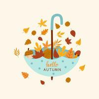 Olá outono cartão com lindo folhas. mão desenhar vetor ilustração.