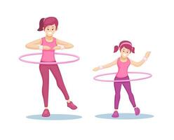 mulher e crianças jogando hula aro. exercício esporte símbolo desenho animado ilustração vetor
