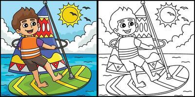 Garoto windsurf verão coloração página ilustração vetor