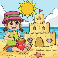 menina construção uma Castelo de Areia verão colori desenho animado vetor