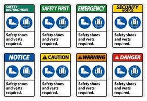 sapatos de segurança e colete necessários com símbolos ppe em fundo branco vetor