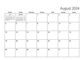 agosto 2024 simples calendário planejador, semana começa a partir de segunda-feira. vetor