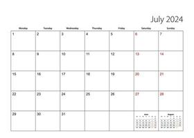 Julho 2024 simples calendário planejador, semana começa a partir de segunda-feira. vetor